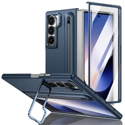 Premium Metal Lens Stand Case with S Pen Slot and Tempered Glass Protector for Samsung Galaxy Z Fold Series (Blue)