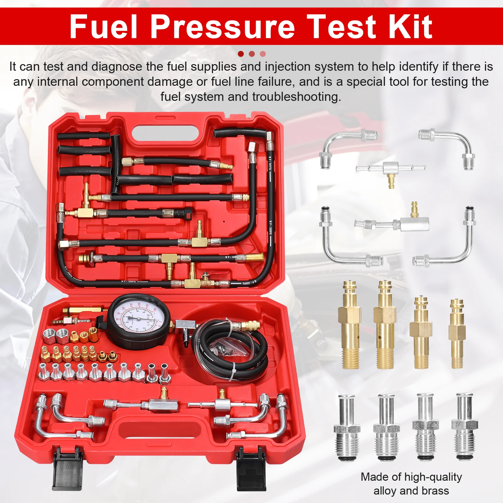 Fuel Injector Pressure Tester Gauge Kit Gasoline Fuel Oil Injection Test Tool Set 0-140PSI/0-10Bar