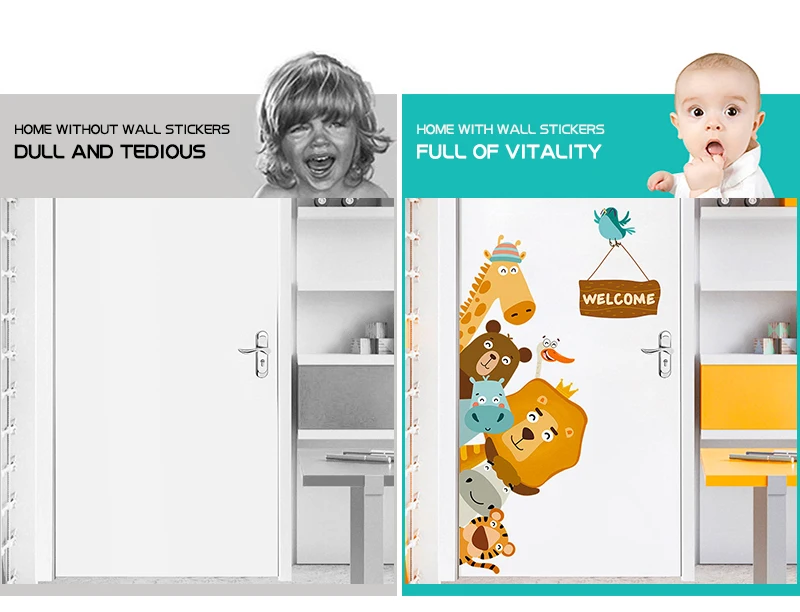 Description Picture 4 of itemCartoon Animals Wall Stickers For Kids Rooms Door Sticker Baby Child Bedroom Corner Wall Decoration Home Decor Self-adhesive