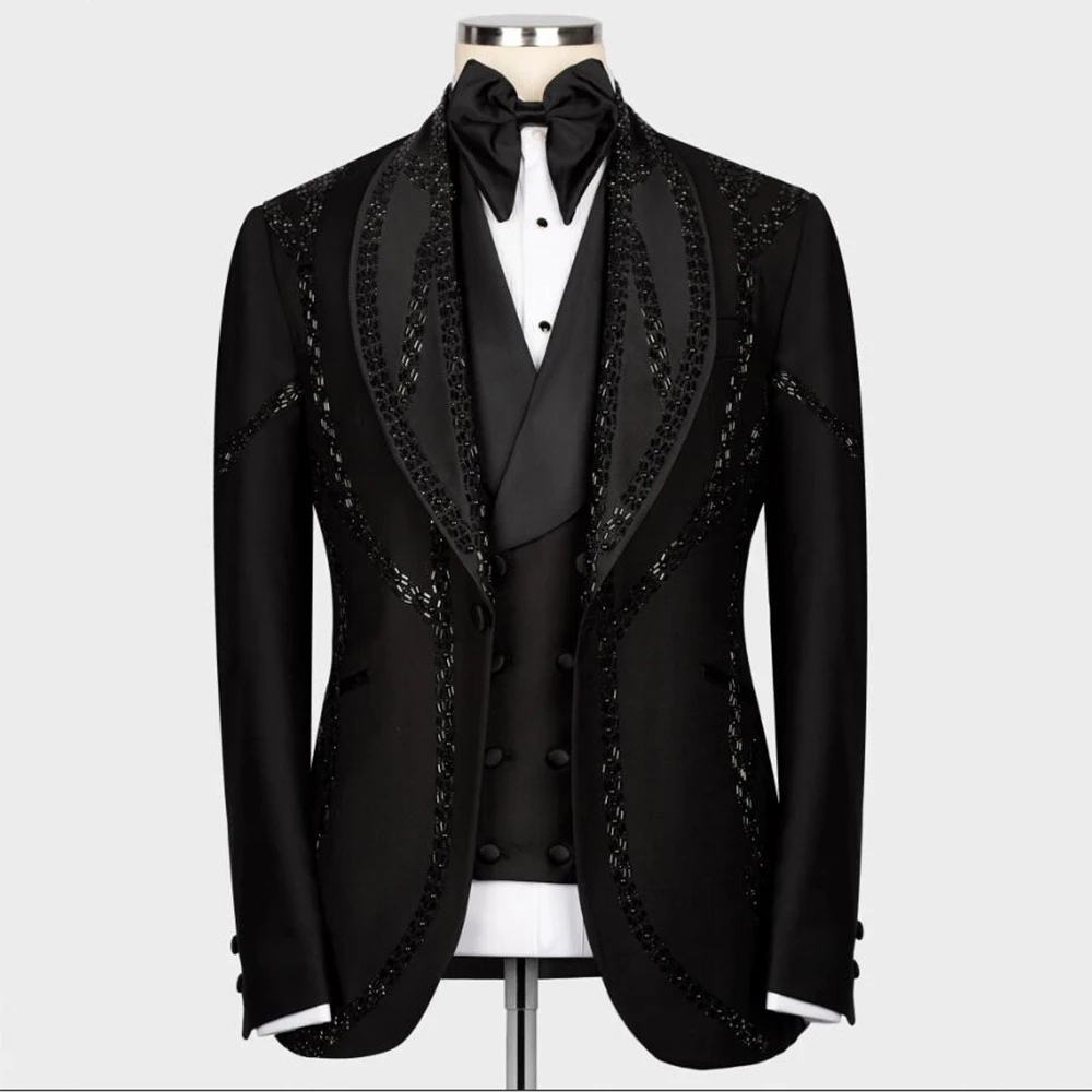 

Luxury Groom Tuxedos Formal Jewelry Ornament Men Suits 3 Pieces Wedding Dinner Party Dress Male Prom Blazers Ternos Completo