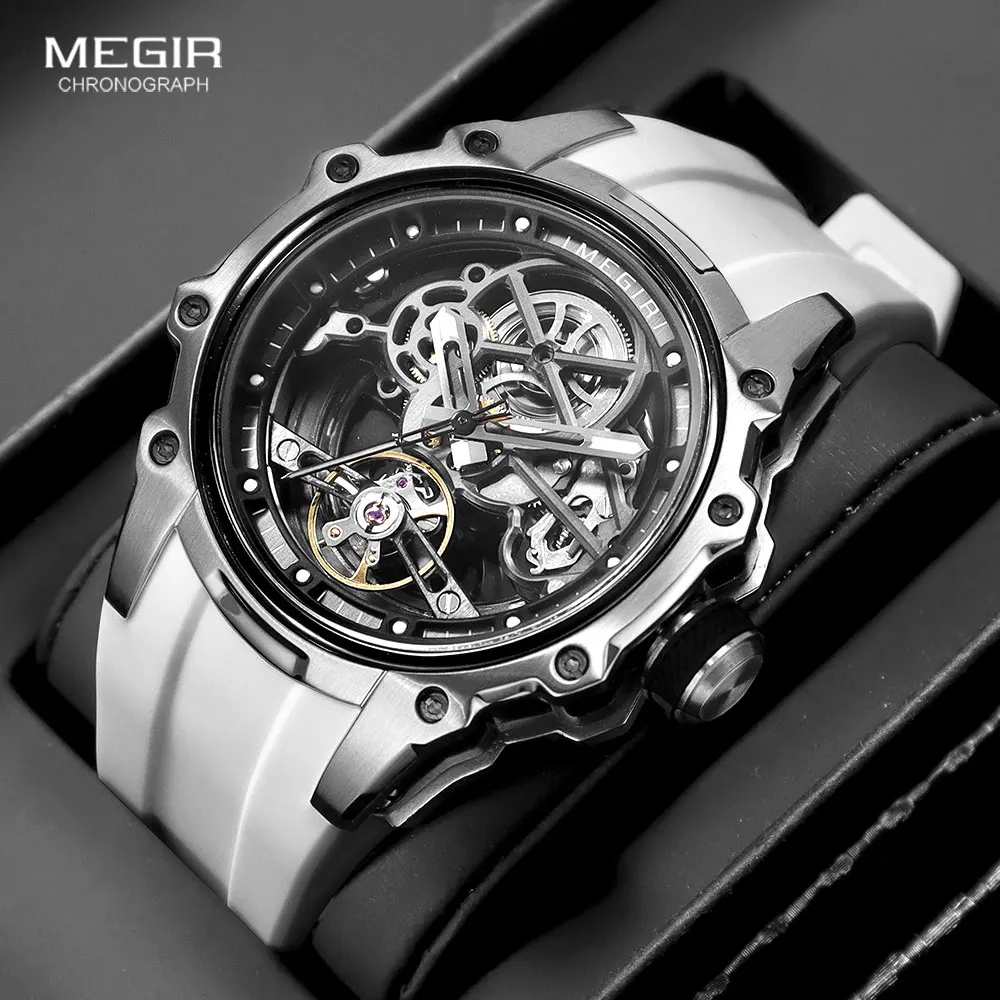 ساعة MEGIR الميكانيكية الأوتوماتيكية بتصميم الهيكل المكشوف للرجال، تتميز بهيكل من الفولاذ المقاوم للصدأ، ومقاومة للماء، وعقارب مضي...