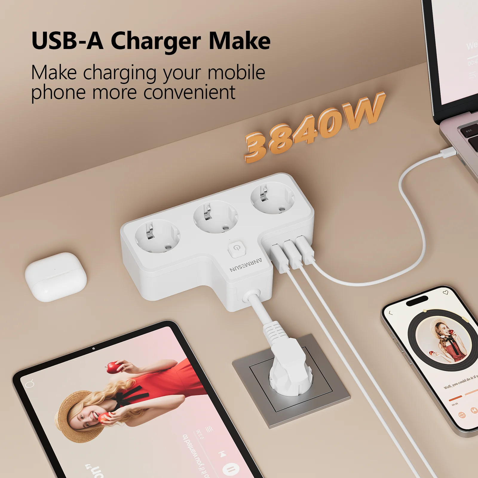 Universal Power Strip with 3 AC Outlets & Multi-Port USB-C Charging – Ideal