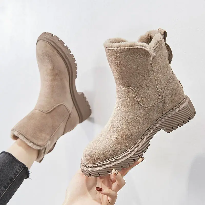 

Women's Snow Boots 2024 Fur Integrated Fashion Platform Female Booties Winter Mid-Tube Plus Velvet Thickened Warm Cotton Shoes