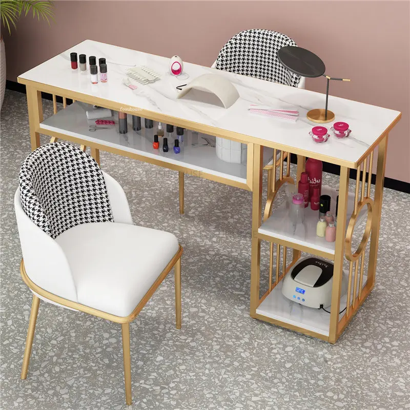 Table de manucure avec cadre en métal - Texture marbrée - Bureau à ongles  avec tiroirs de rangement - Équipement de salon de maison et de spa (taille