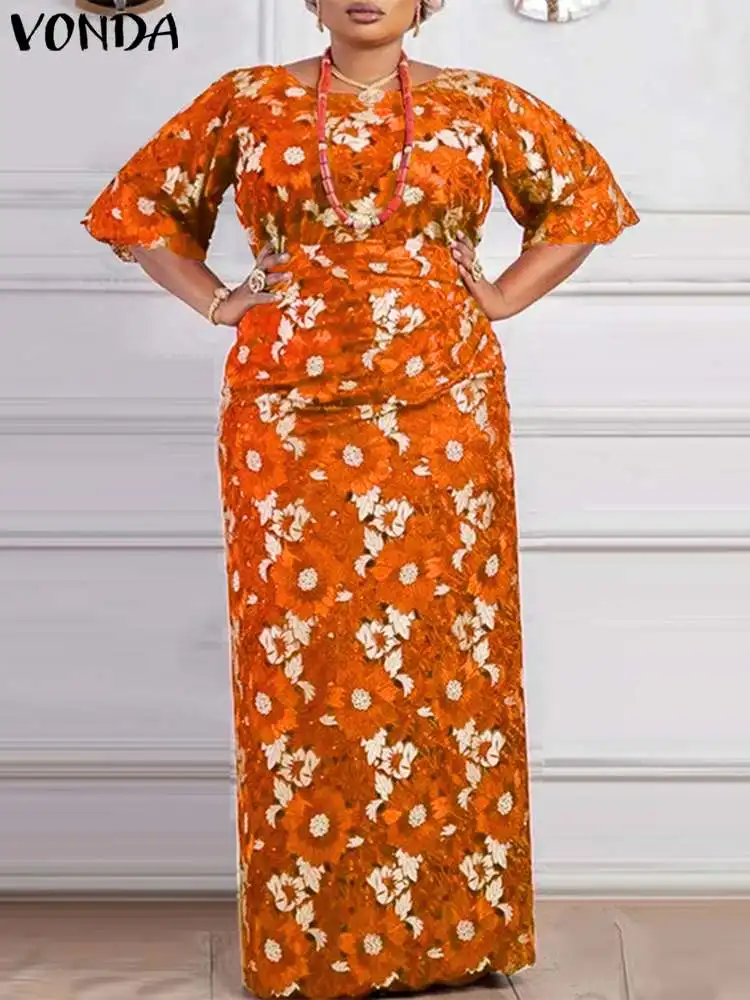 

VONDA Summer Women Bohemian Long Dress 2023 Fashion Casual Loose Printed Maxi Sundress Half Flare Sleeve Party Robe Femme Belted