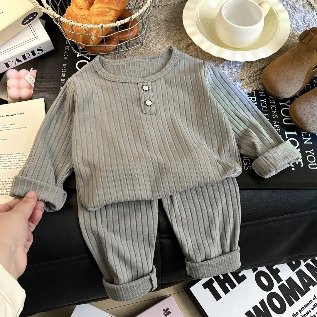 2Pcs Baby Ribbed Pajama Set Long Sleeve Buttoned Top and Pants Outfit Toddler Boys Girls Soft Cotton Sleepwear for Spring Autumn
