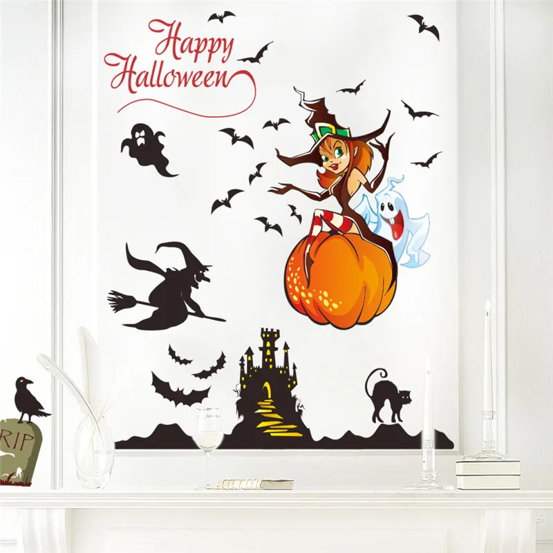 

Pumpkin Black Cat Witch Bats Ghost Wall Stickers For Kids Room Home Decoration Diy Happy Halloween Festival Art Decals
