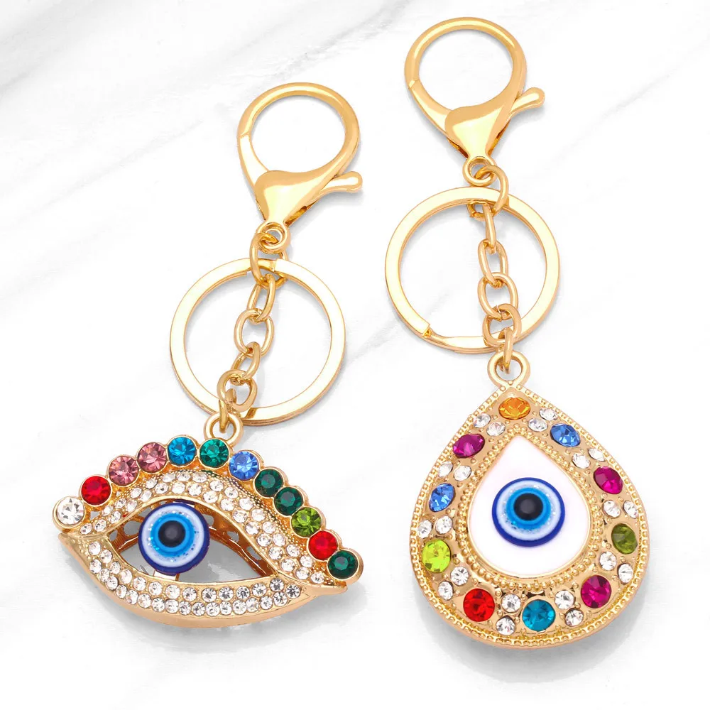 Turkish Evil Eye Keychain Shiny Crystal Hand of Fatima Key Ring for