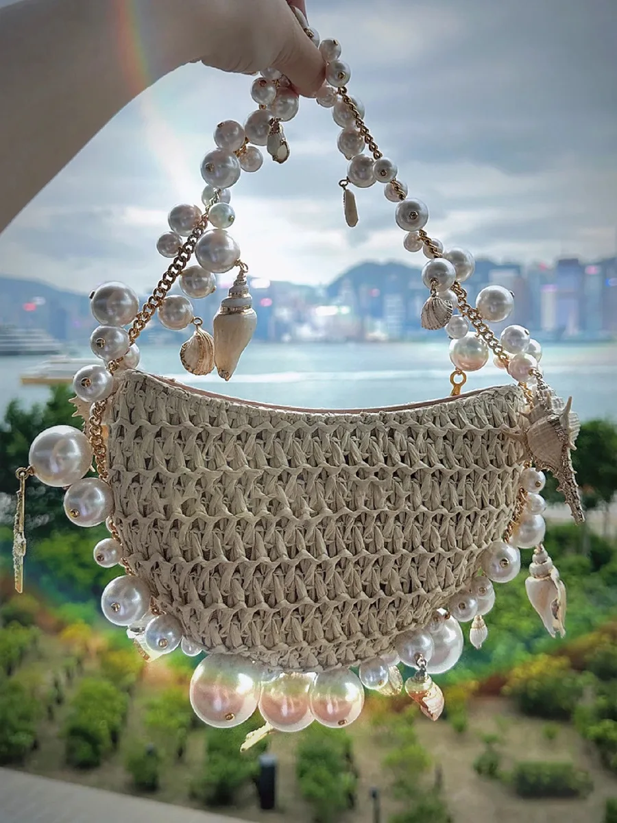 

Lady Evening Bags For Women Luxury Designer Brand Handbags And Purses 2023 New In Papyrus Woven Chain Beaded Trim Shoulder Bag