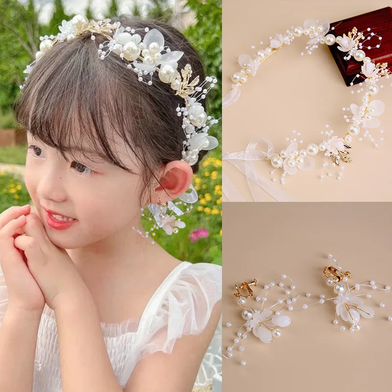 

Elegant Girls Bridal Headband Romantic Pearl Hair Headdress Flower Wreath Bride Garland Head Hoop Wedding Headbands Earrings