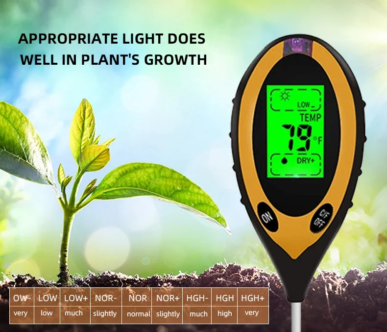 Neues digitales 4-in-1-Boden-PH-Messgerät, Feuchtigkeitsmonitor, Temperatur-Sonnenlicht-Tester für Gartenpflanzen, Landwirtschaft mit Schwarzlicht – Detail 6