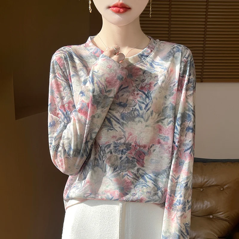 Lyocell Knitted Women's Round Neck Thin Printed Knitted Top Versatile for All Seasons, 25 Year Spring New Fashion Explosive 1