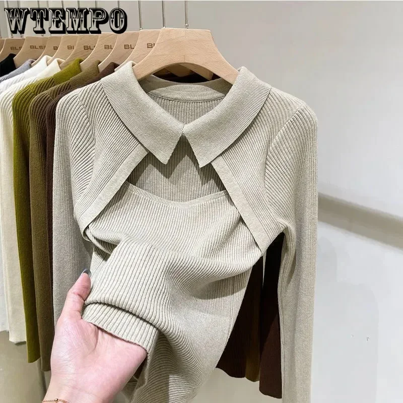 Hotsweet Sweater Hollow Polo Neck Slim Thin Women\'s Knit Long Sleeve Top Pull Jumper Casual Harajuku Undershirt American Hottie