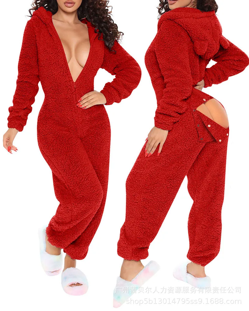 Pink Pajamas Casual Solid Hooded Sets Winter Women Jumpsuits Simple Plush Ladies Sleep Clothes Autumn Wholesale Drop Shipping