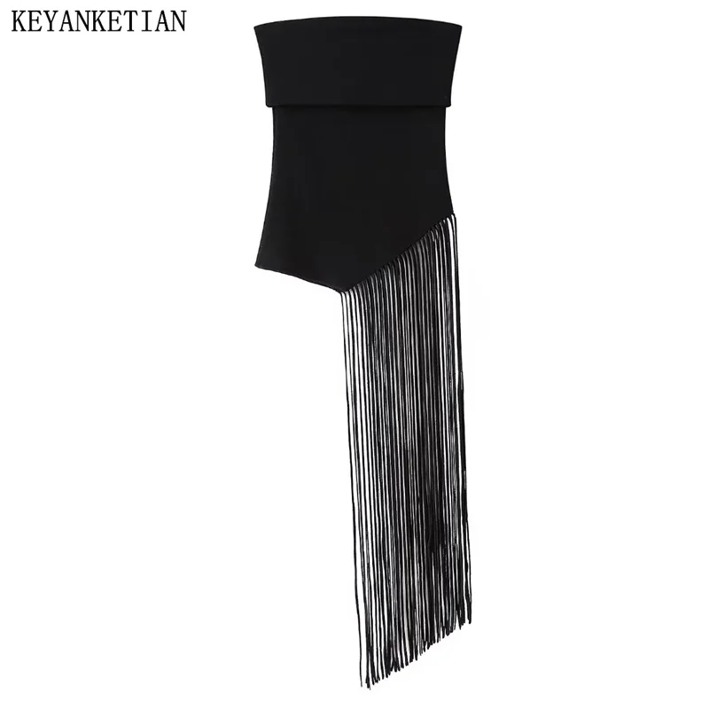 

KEYANKETIAN 2024 New Launch Women Strapless Corset Asymmetrical Tassel Decoration Fashion Sexy Slash neck Knitted vest Camisole