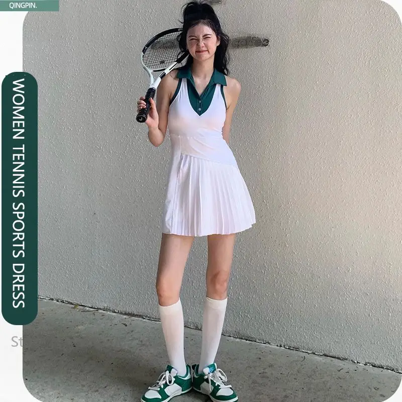 New Women V Neck Tennis Dress Workout Tennis Badminton Polo Dresses High Waist Anti-empty Skirt Dress Active Wear with Chest Pad
