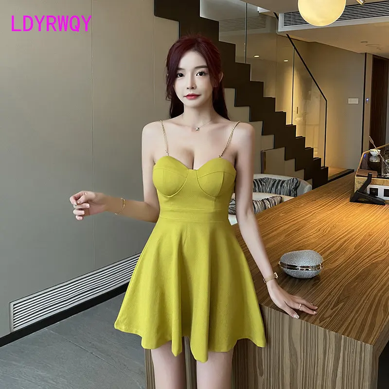 

Sexy deep v low chest sling dress backless night show technician Polyester Knee-Length Spaghetti Strap