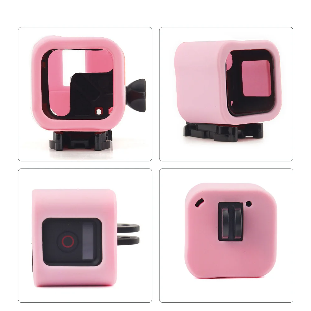 Coque silicone colorée pour GoPro Hero Session, posée à côté de la caméra, montrant la compatibilité avec Hero 5 et 4 Session.