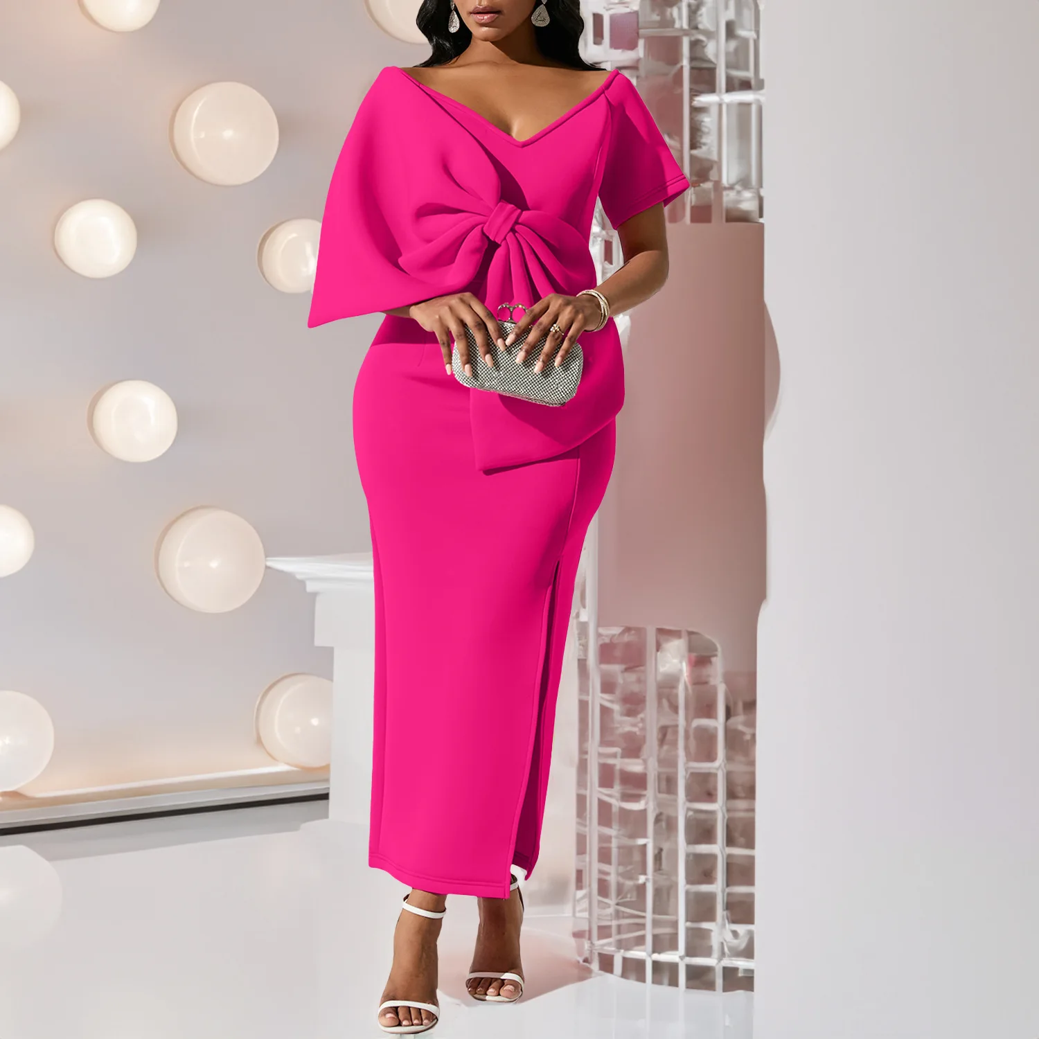 

Rose Red Dresses For Women Summer Elegant Girl Sexy Big Bow Split Party Robe Bodycon 2024 New Trend Vestidos Mujer Femme Roupas