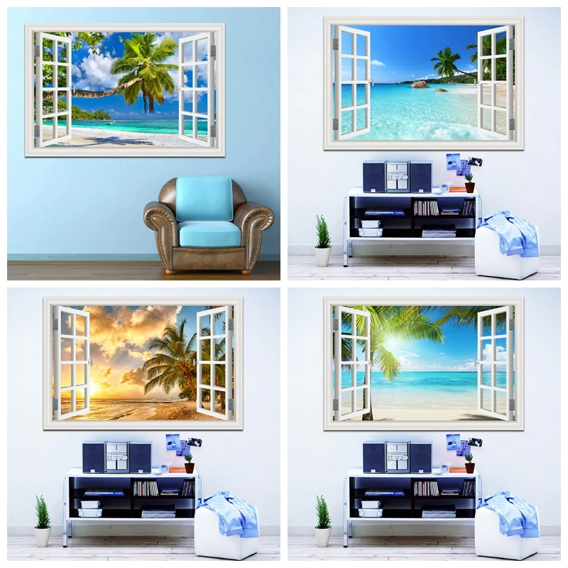 Modern Summer Beach Coconut Tree 3d Wall Sticker Seaside Landscape Removable Wallpaper Window View Decal Stickers Home Decor