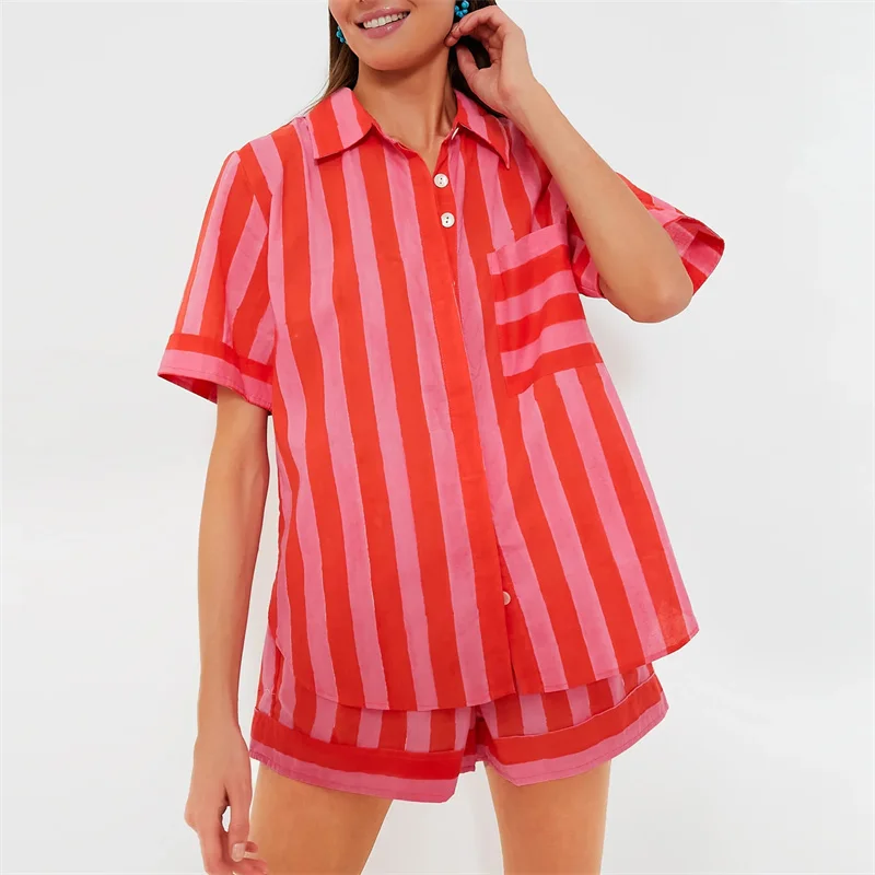 

New Fashion Striped Pajamas for Women 2 Piece Pj Set Short Sleeve Button Down Blouse Lounge Shorts Pajama Set Sleepwear