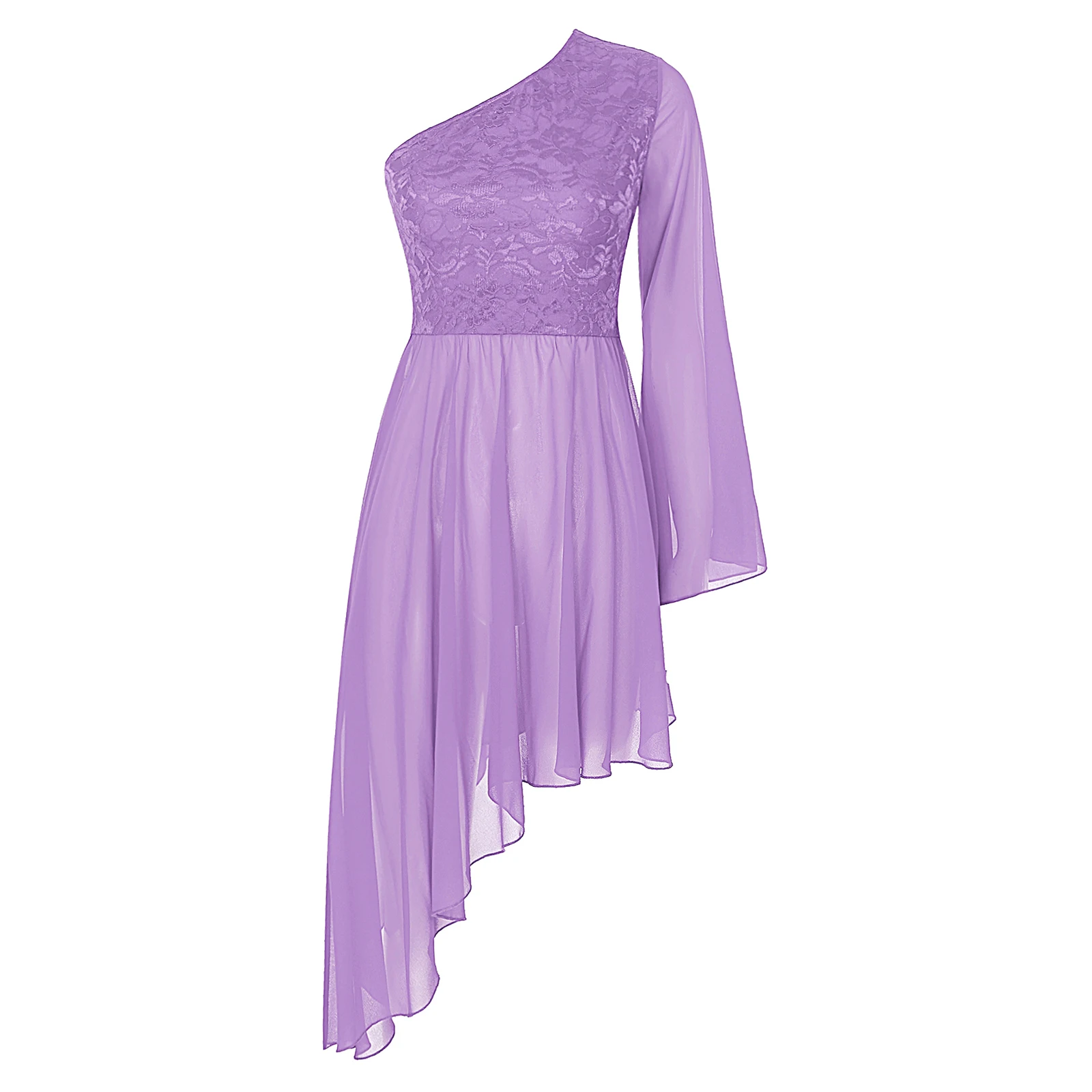 thumbnail image 1 of Vestidos de baile litúrgicos para mujer, túnica de adoración de encaje floral, vestido superpuesto con dobladillo asimétrico y manga acampanada con un hombro, 1 of 5