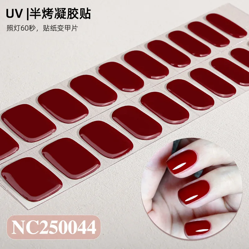 20Tips French Semi Cured Gel Nail Strips Patch Slider Solid Color Nail Gel UV Stickers Long Lasting Full Manicure Decoration DIY