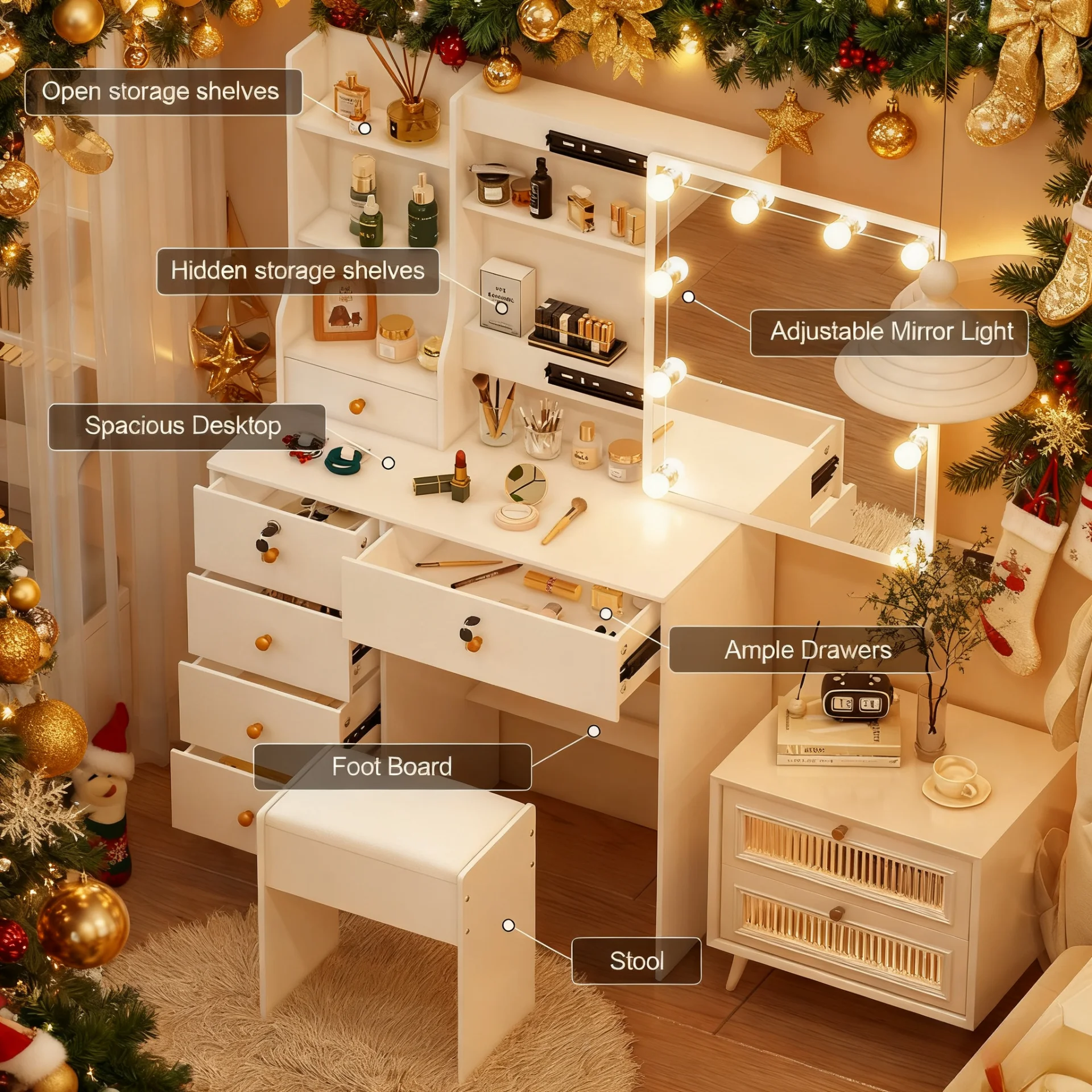 Teousev 10 LED Lighted Vanity Set with Mirror & Stool, 3 Color Modes, 7 Drawers Storage, Easy Install Makeup Dressing Table - 5