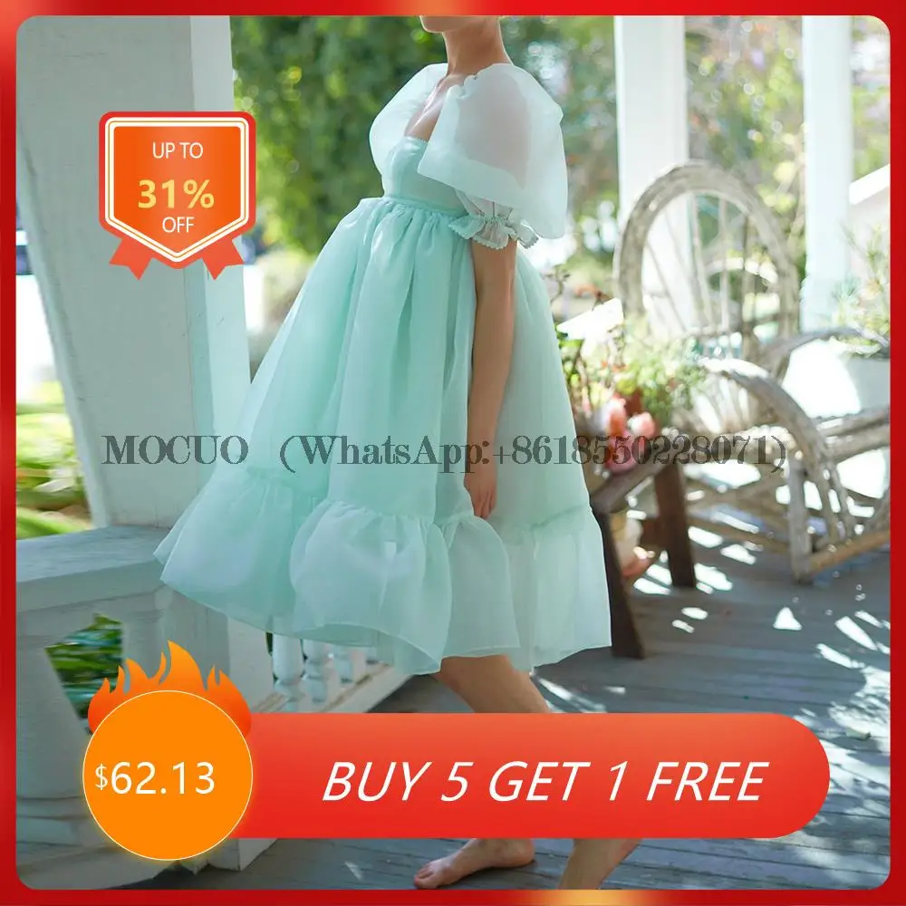 

Dreamy Mint Green Puff Sleeves Evening Dresses 2023 Organza Cute Short Prom Gowns Babydoll Tea-Length A-Line vestidos de fiesta