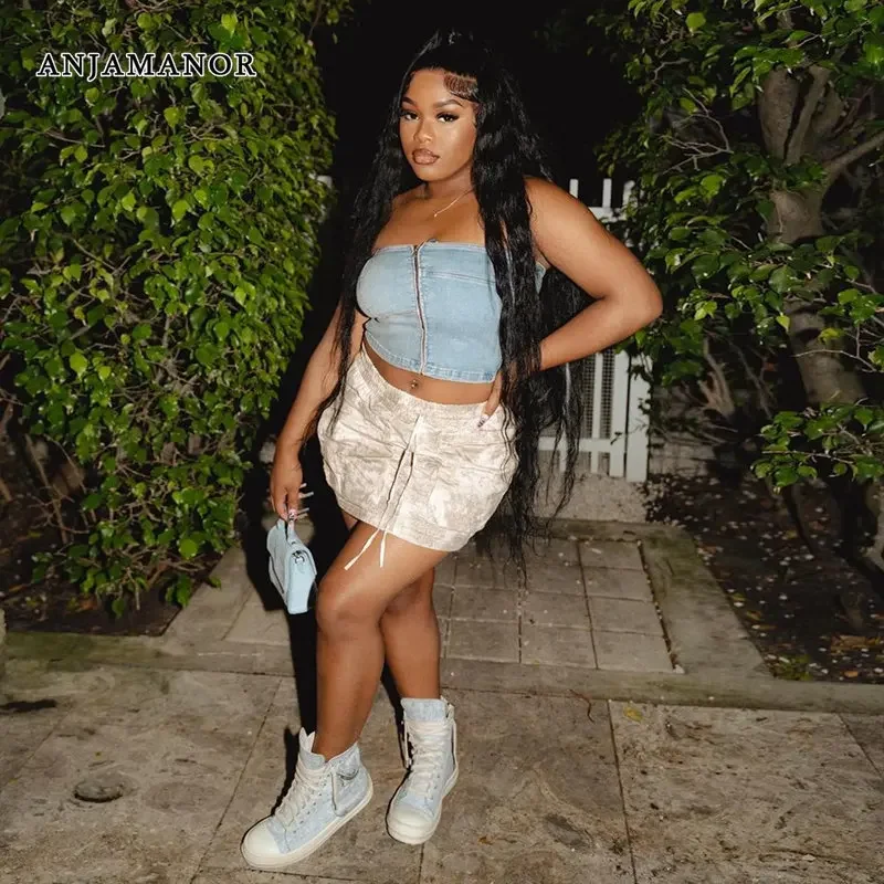 

ANJAMANOR Camo Cargo Skirts for Womans Summer 2023 Fashion Bottoms Pockets Drawstring Elastic Waist Mini Skirt D82-DZ26