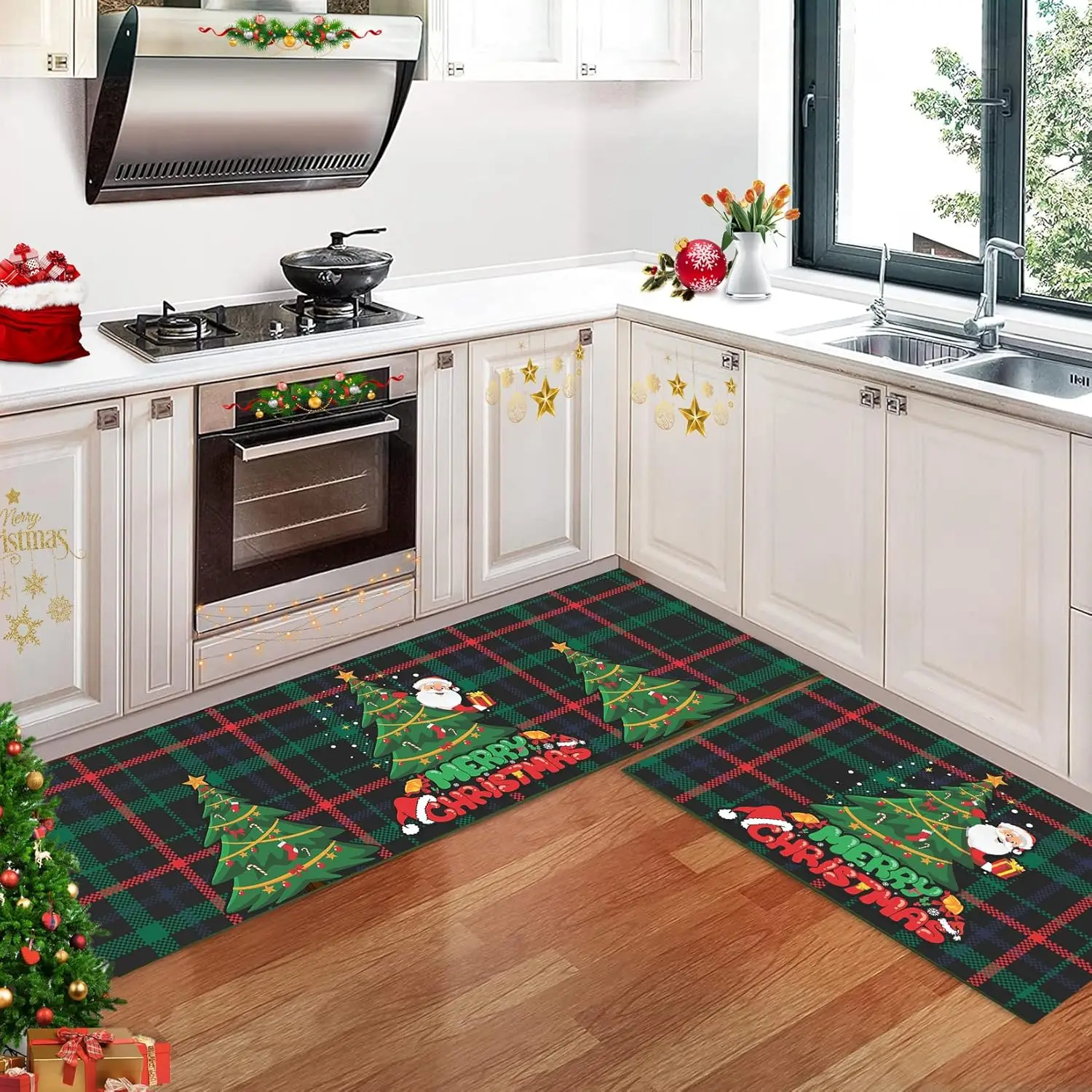 2er-Set dekorative Weihnachtsküchenteppiche mit Schneeflocke, rutschfeste, waschbare Küchenmatte für die Weihnachtsdekoration im Winter zu Hause – Detail 36