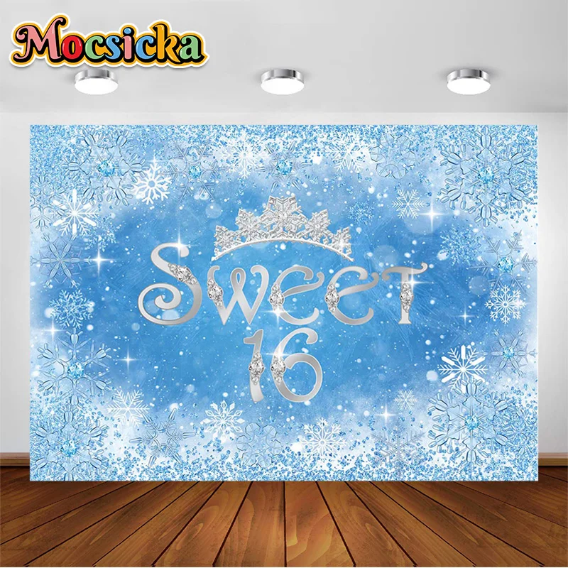 

Winter Sweet 16 Snowflake Bokeh Backdrop Snowman Silver Crown 16th Sixteen Girl Birthday Party Cake Table Wall Decoration Banner