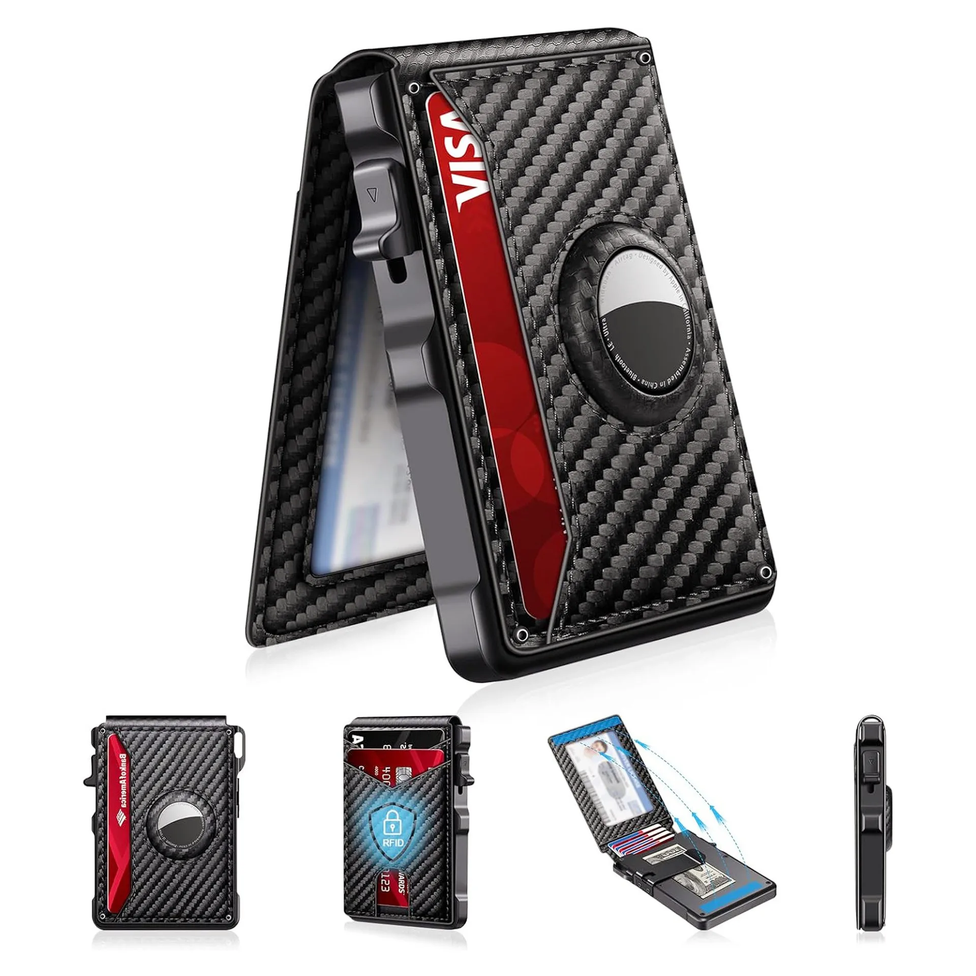 Men's Pop-Up Aluminum Carbon Fiber RFID Blocking Wallet with AirTag Slot