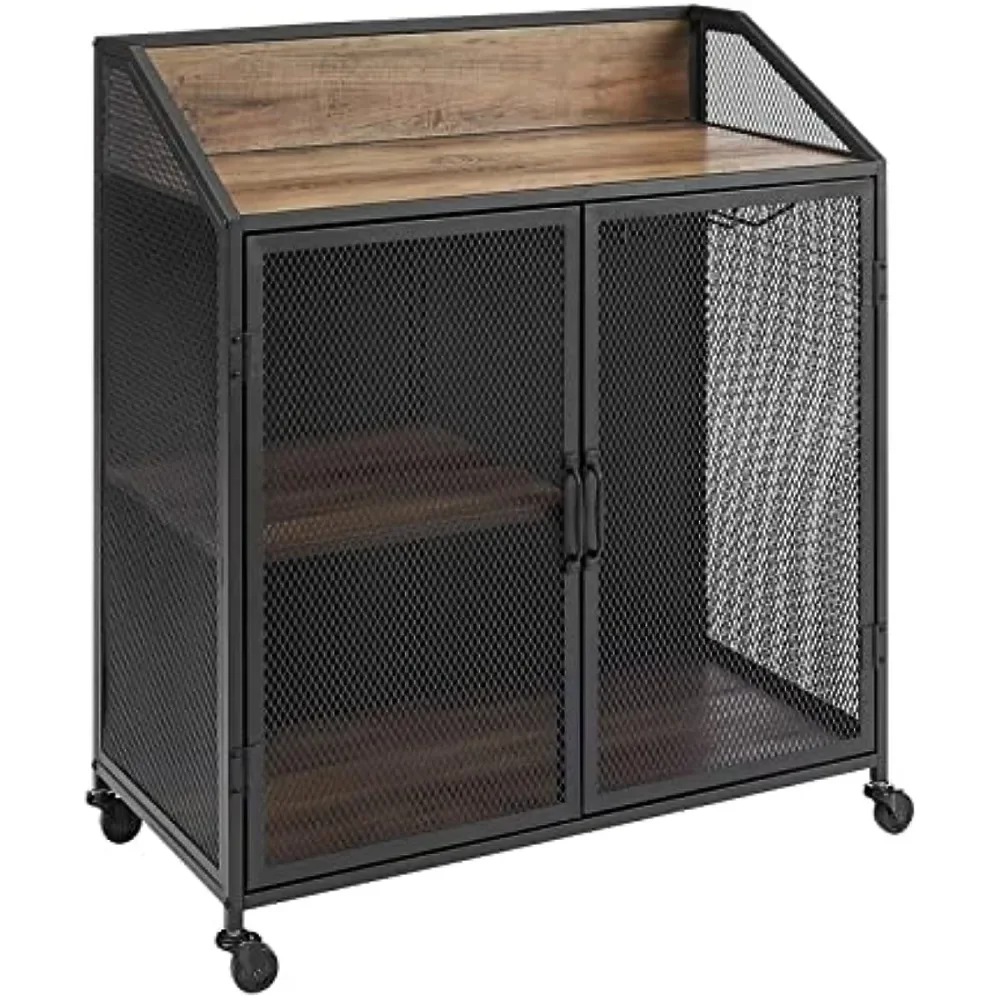 

Walker Edison Malcomb Urban Industrial Metal Mesh Double Door Rolling Bar Cabinet, 33 Inch, Rustic Oak