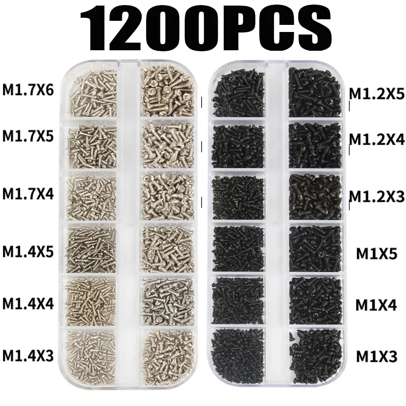 1200Pcs M1 M1.2 M1.4 M1.7 모듬 마이크로 안경 나사둥근 머리 셀프 태..