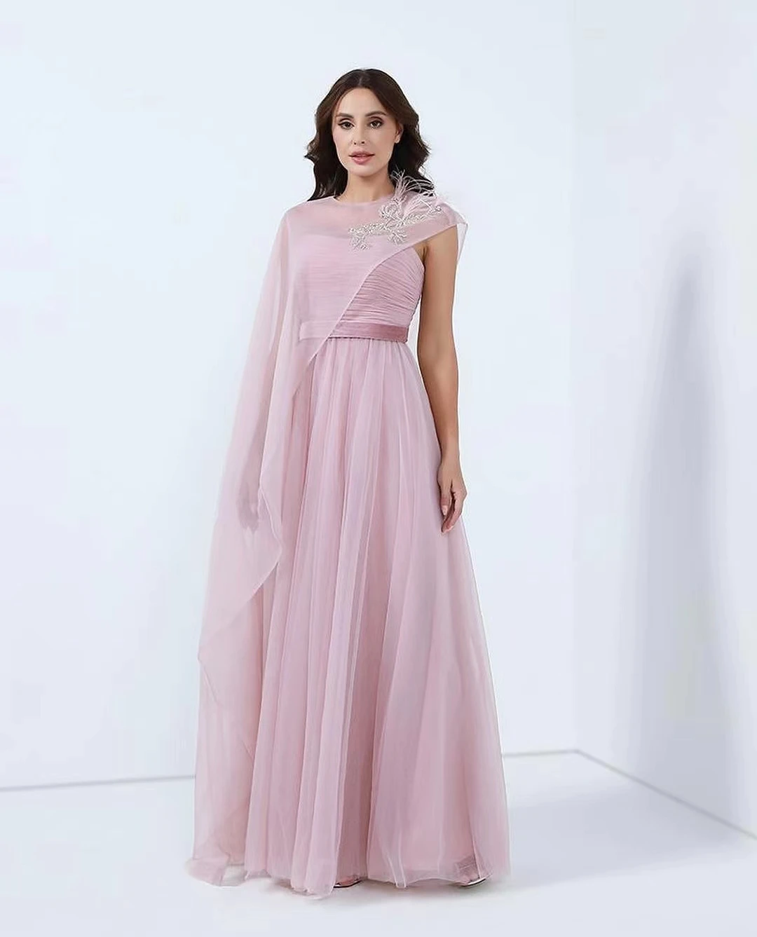 

AsaNagi Baby Pink Tulle Evening Dresses Strapless Beading Floor-Length A Line Women Formal Party Dress 2023 vestidos de festa