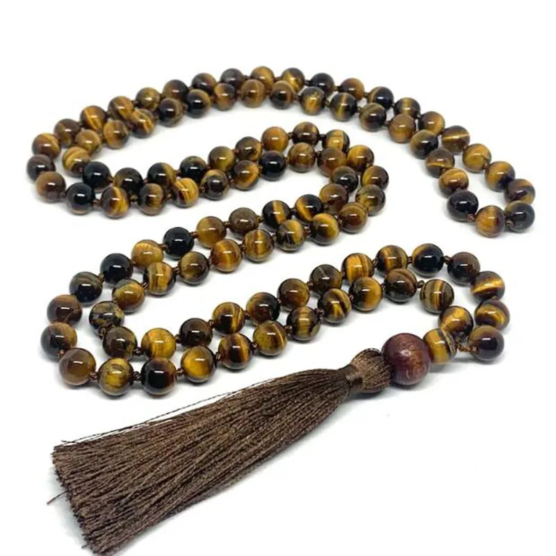 

8mm Tigers Eye G-emstone Mala Healing Necklace Hand Knotted 108 Prayer Energy Beads Tassel Necklaces JapaMala Meditation Jewelry