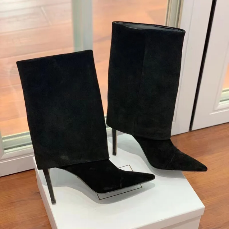 2022 European and American Fashion New Style Slim Heel Mid Rise Boots Pointed Solid High Heel Fashion Shoes Trouser Boots