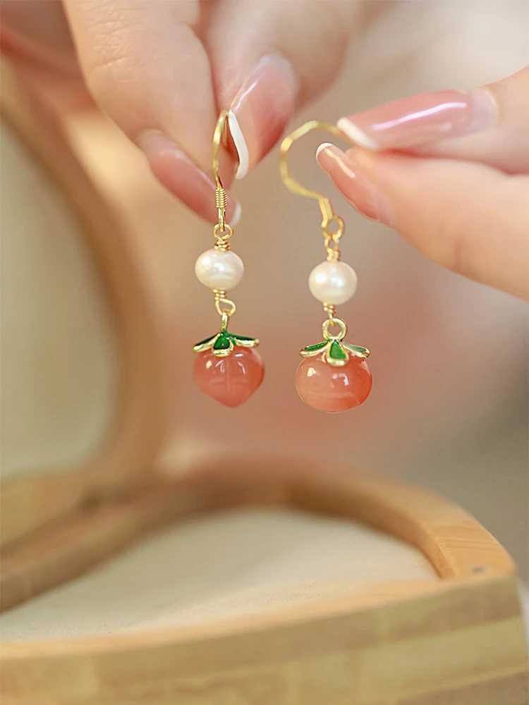 Jade-Edelstein-Haken-Ohrringe, einzigartiges Geschenk für Mädchen, Schmuck, natürliche rote Achat-Pfirsich-Ohrringe mit Nischen-Dsign, niedliche Perlenohrringe, trendig – Detail 5