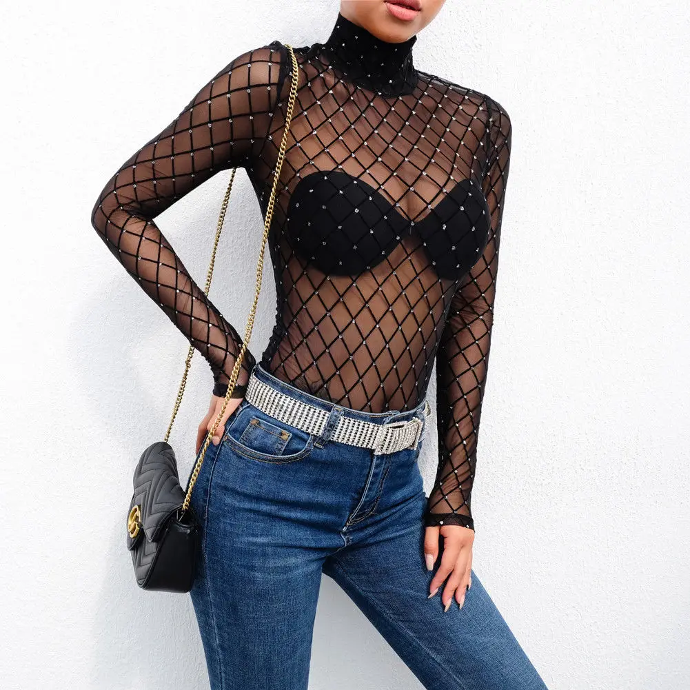 

New Women Net Mesh Bodysuit Slim Long Sleeve Leotard Jumpsuit Tops Beachwear