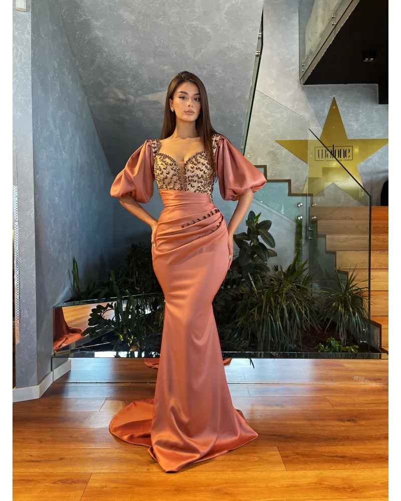 Satin Short Sleeves Mermaid Prom Vestidos Elegantes Para Mujer Formal Dresses Long Plus Size Maxi Dresses for Women _ - AliExpress Mobile