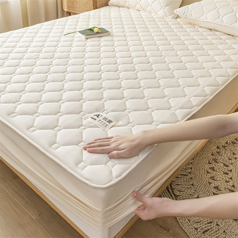 

Solid Color Soy Fibre Mattress Protector Topper Pad Cotton Mattress Cover Queen King Size Quilted Bed Cover Elastic Fitted Sheet