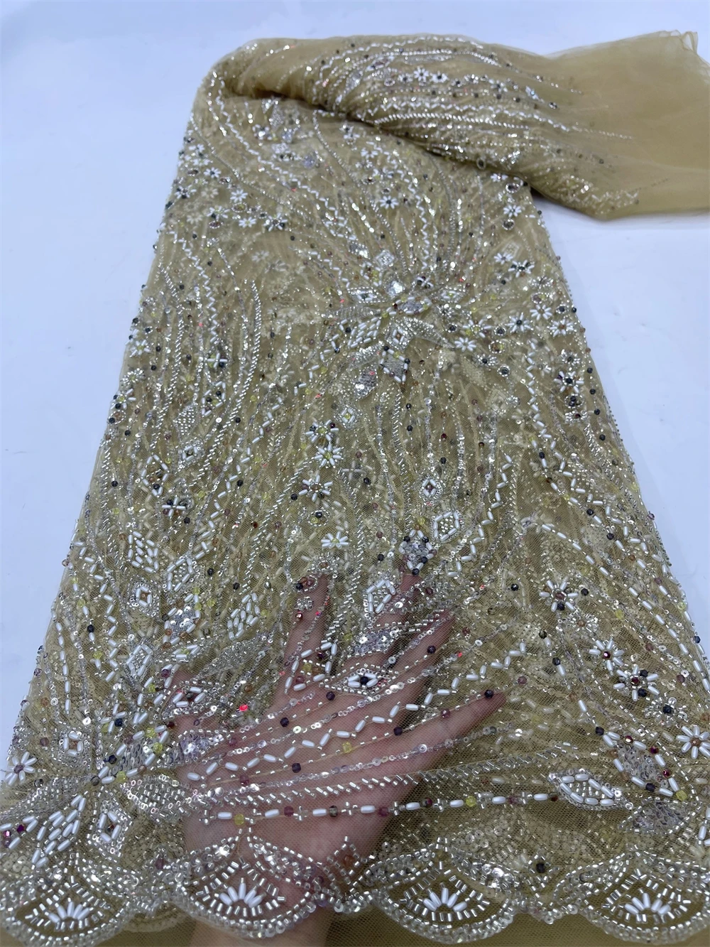

African Nigerian Tulle Lace Fabric,High Quality，Sequins EmbroideryBeaded, French GuipureWedding Party Dress, 5Yards, 2024