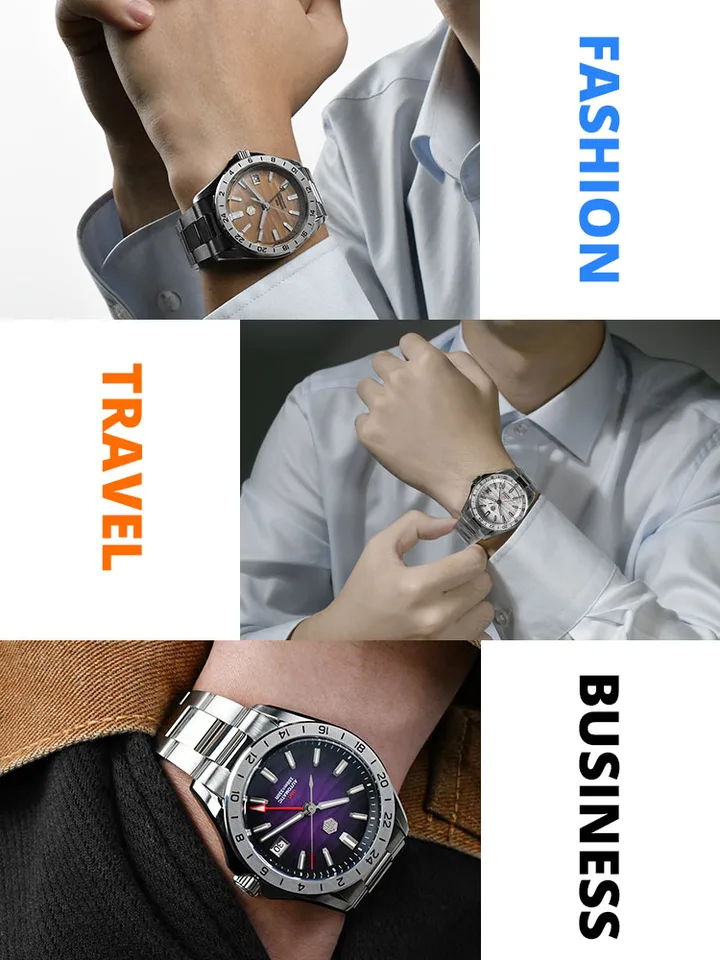 HILLEO San Martin 39mm Desert Texture Lusso Uomo Orologio NH34 GMT Automatico Meccanico Business Dress Orologi Da Polso, V 1, Bracciale HILLEO San Martin 39mm Desert Texture Lusso Uomo Orologio NH34 GMT Automatico Meccanico Business Dress Orologi Da Polso, V 1, Bracciale