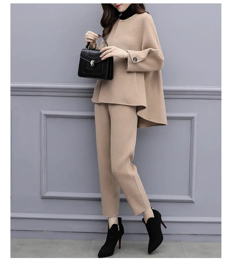 Conjunto de Inverno Topos e Calças lã de Camelo Duas Peças Feminino Manga Longa Conjuntos Ternos Escritório 2 Peça Conjunto Preto 7 Online shopping