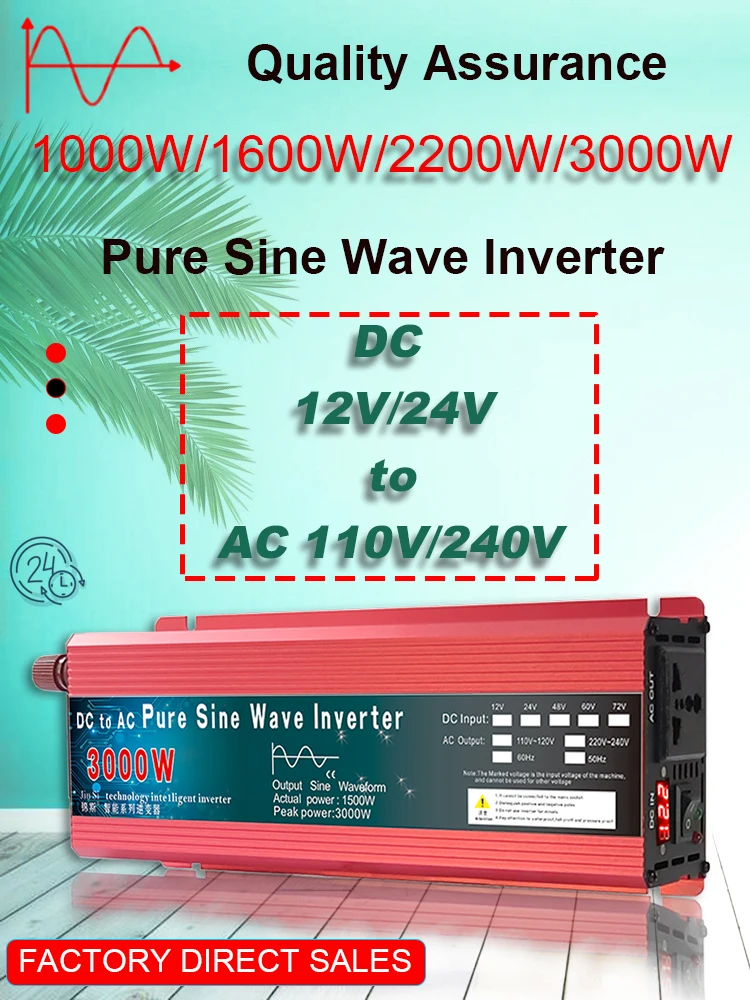 Inverter A Onda Sinusoidale Pura 12V 24V 220V 110V 1000W 1600W 2000W 3000W Convertitore Di Potenza Solare 12V A 220V Trasformatore Inverter Led
