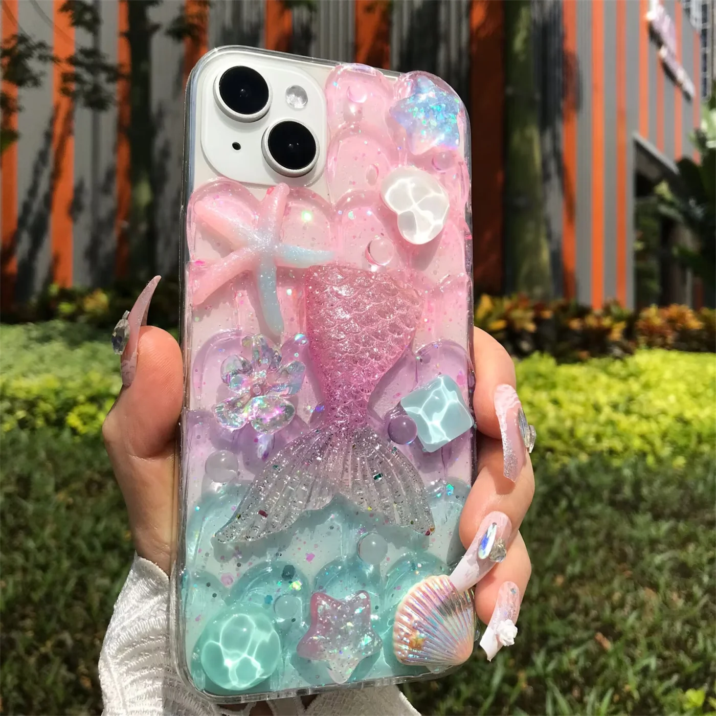 Handmade Mermaid Ripple Stone Flower Dolphin Starfish Soft TPU Acrylic Dustproof Phone Case