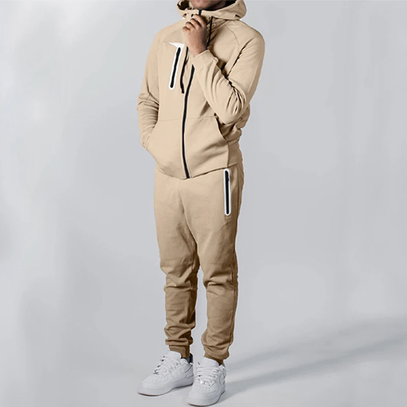

2023 Autumn Sports Two Piece Set Mens Outfit Casual Slim Patch Pocket Zipper Hooded Sweatshirt And Pants Suits For Men Tracksuit