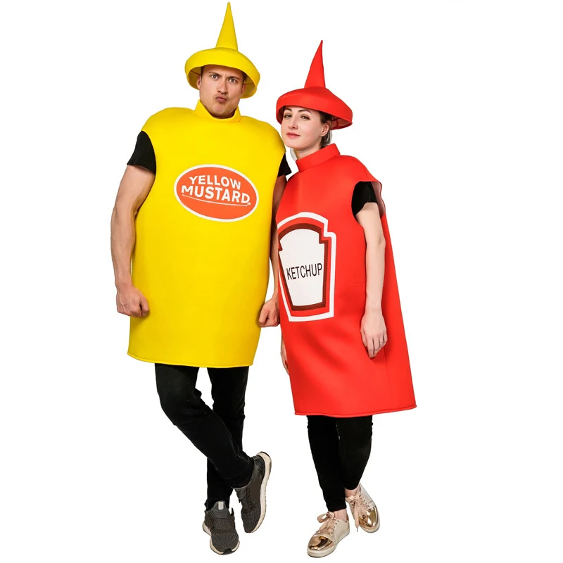 

Unisex Adult Cosplay Ketchup And Mustard Costume Halloween Lover Fancy Dress Funny Food Tunic for Couples Mascot Outfit