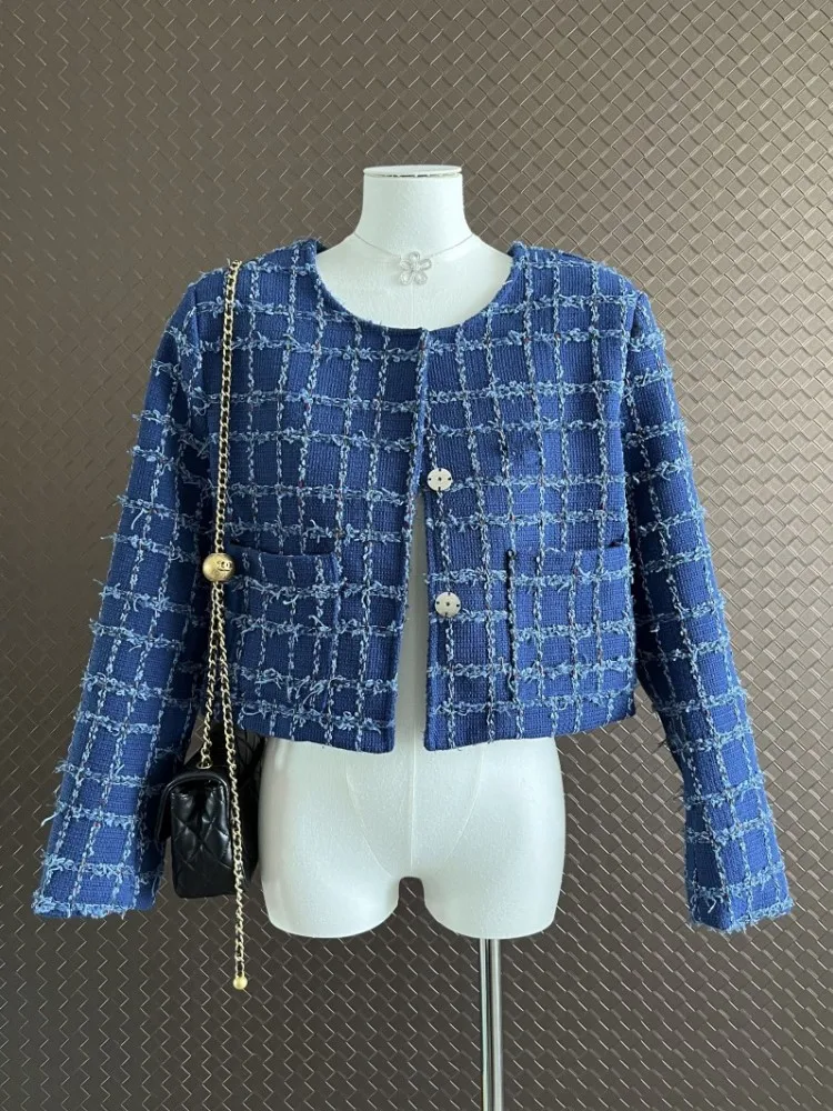 

High Street Small Fragrant Tweed Blue Plaid Coats Tassels Jacket Women's Clothes Female Chic Outwear Top Casaco Overcoat